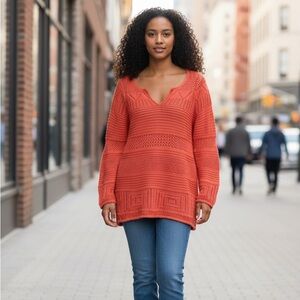 Denim 24/7 Coral Knit Pullover V-Notch Neckline Top Spring Summer Vacation Comfy